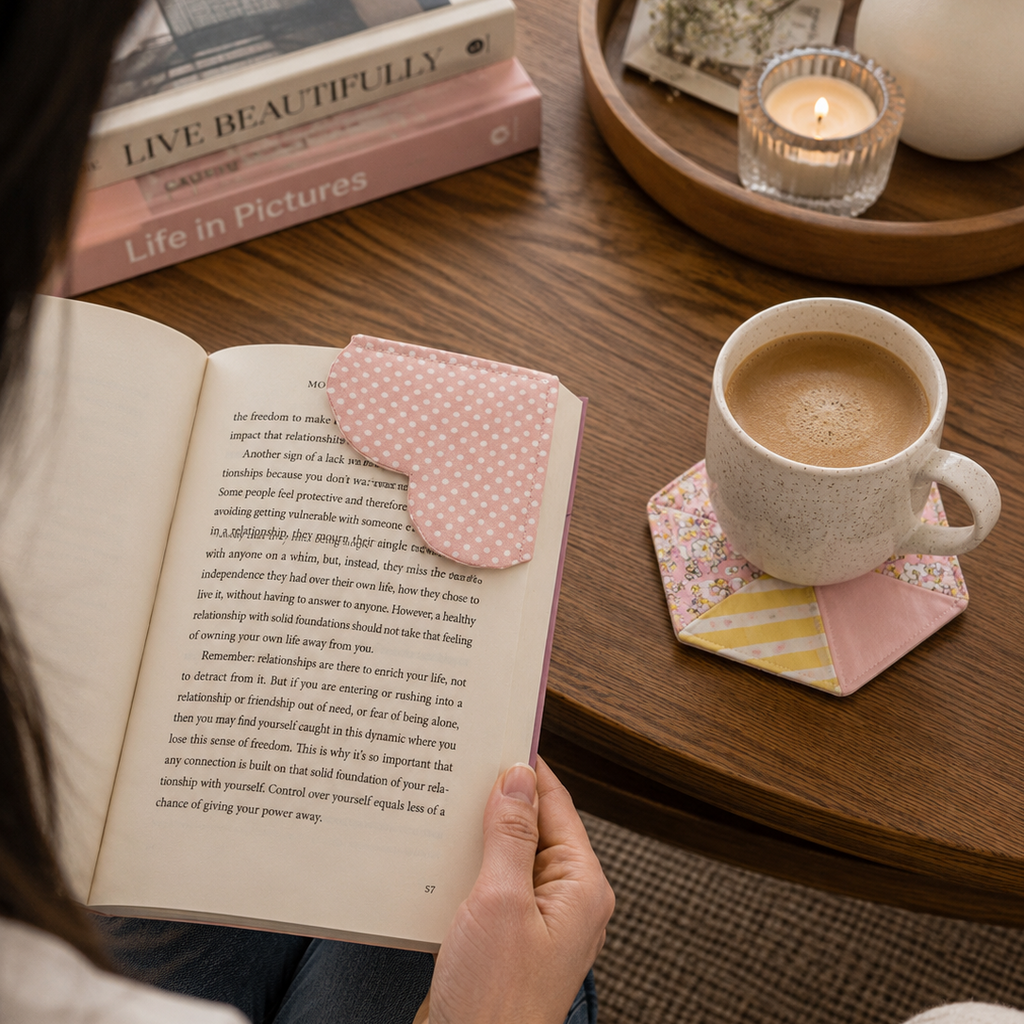 A person holds an open book on a wooden table, with a pink polka-dot bookmark tucked into the page. A cup of coffee, a candle, and stacked books are arranged around it in a cozy indoor setting.