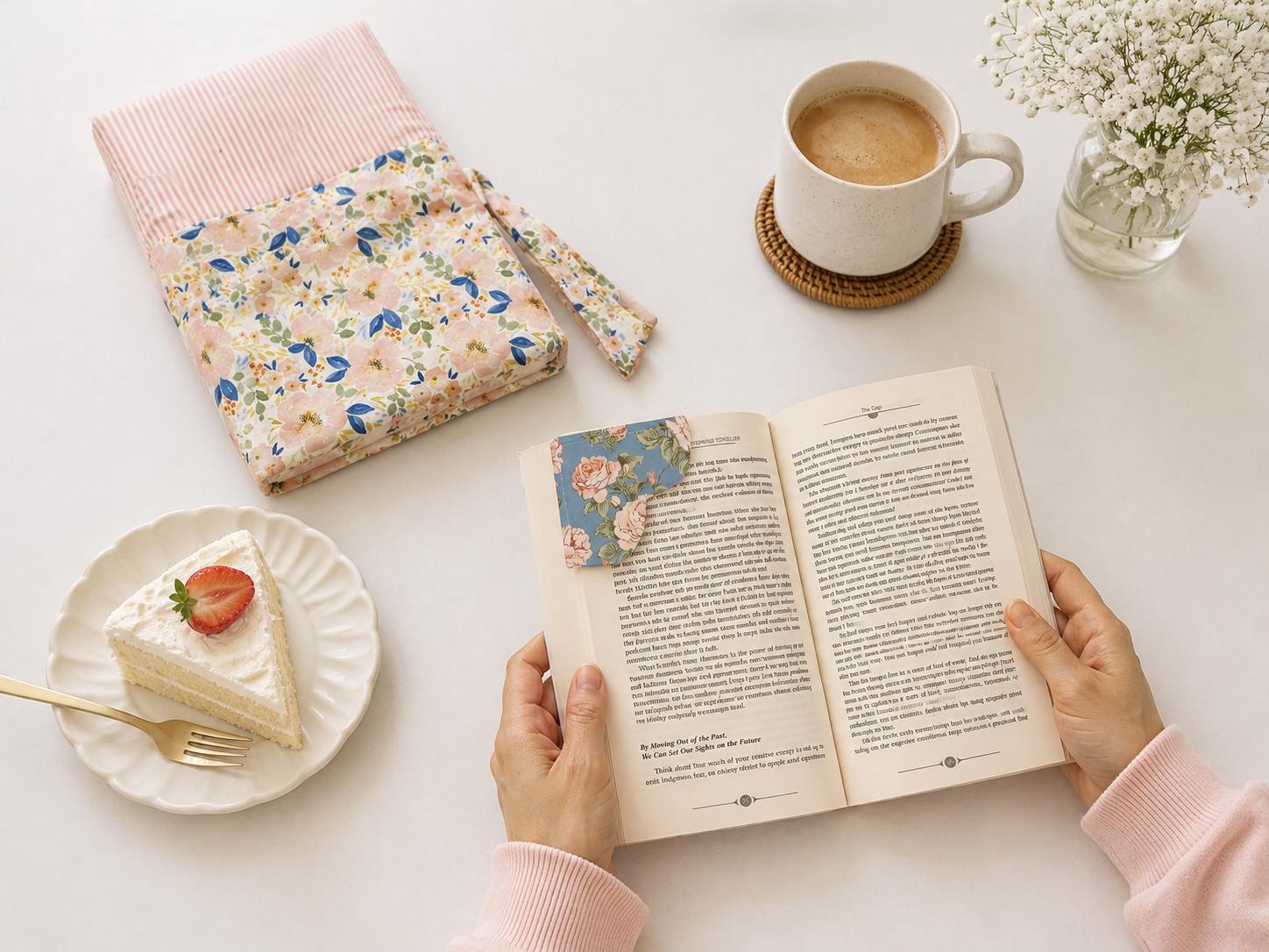 A top-down lifestyle scene showing a person's hands holding an open book with a floral bookmark. To the left is a pink striped and floral fabric book pouch, a slice of cake on a plate, a cup of coffee, and a vase of white flowers on a white table.
