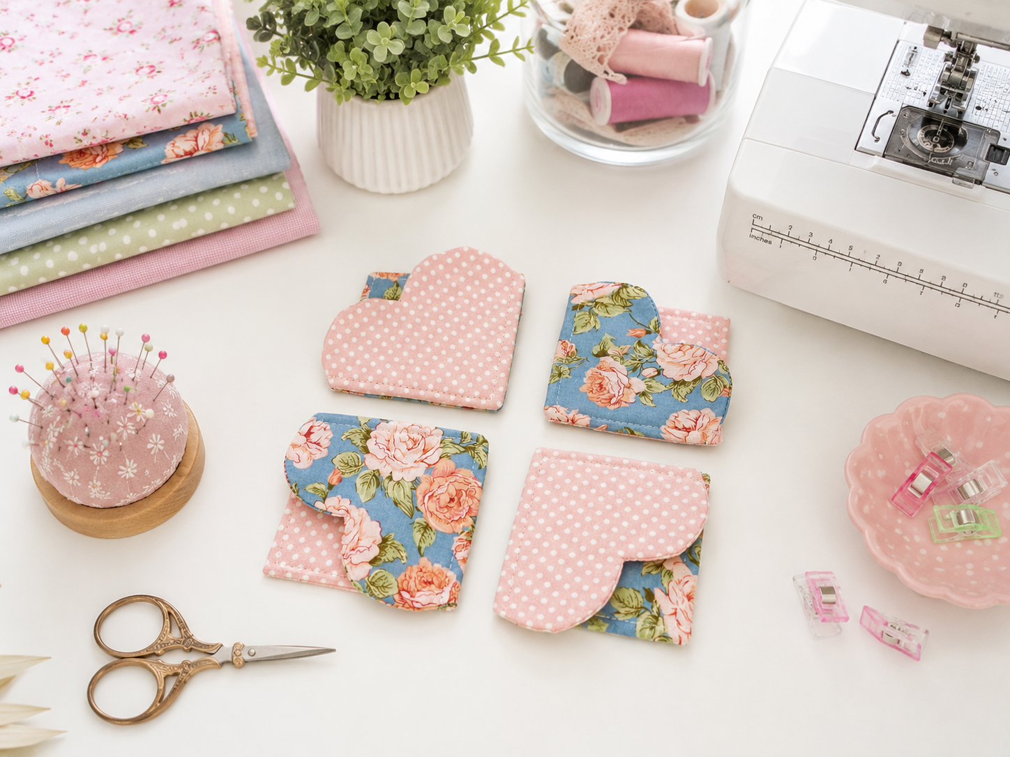 Four fabric pouches or small cases arranged on a white sewing table, surrounded by sewing supplies including a sewing machine, scissors, pins, pattern fabrics, and a small plant.