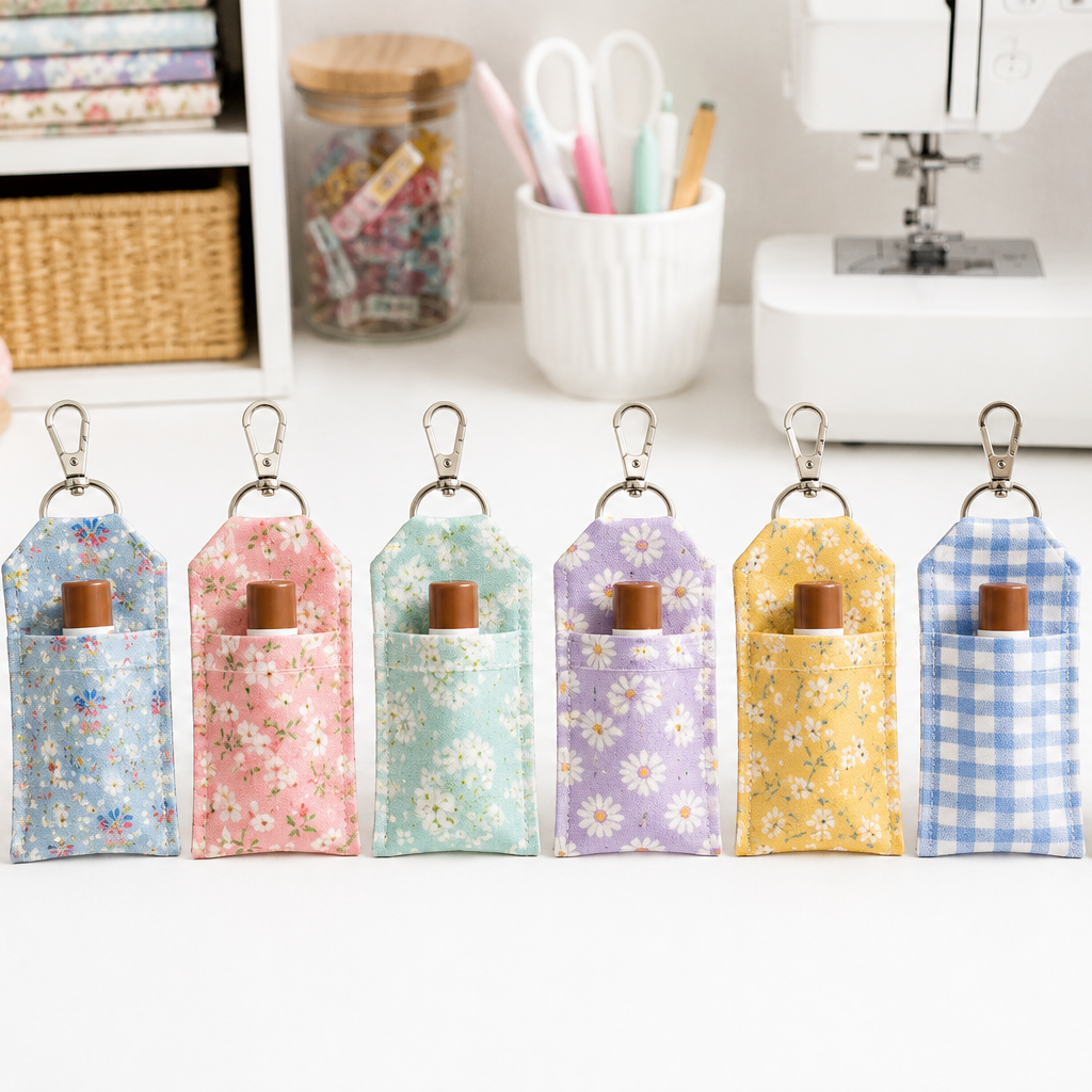 Six fabric lip balm holders with metal clips are lined up on a white tabletop. Each pouch has a different pastel floral or gingham pattern: blue daisies, pink daisies, mint daisies, lavender daisies, yellow daisies, and blue-and-white gingham.